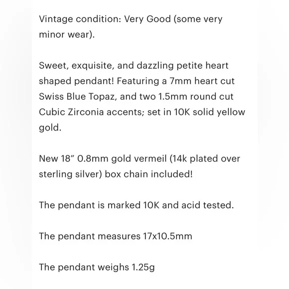 10K Swiss Blue Topaz heart cut cz petite elegant yellow gold open heart pendant - Picture 11 of 11
